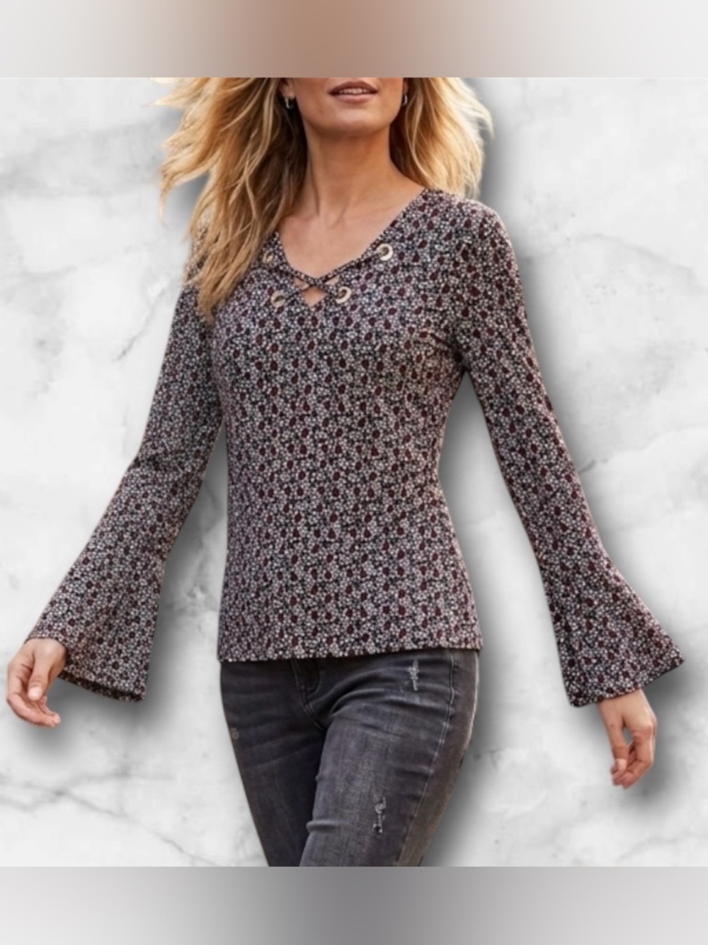 Michael Kors Floral Geometric Top Blouse Bell Sleeve Grommet Detail Boho Size S